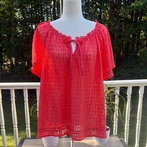 Hinge Vibrant Coral Lace fairy coquette cottage Popover Blouse